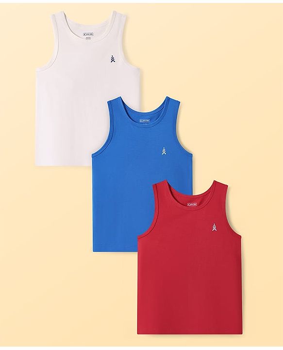 Pine Kids Cotton Lycra Knit Sleeveless Vest with Logo Print Pack of 3 (Colour May Vary)
