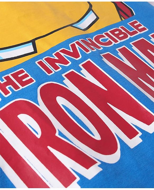 Pine Kids Marvel Single Jersey Knit Half Drop Shoulder Sleeves Oversized T-Shirt with Iron Man Graphics - Blue