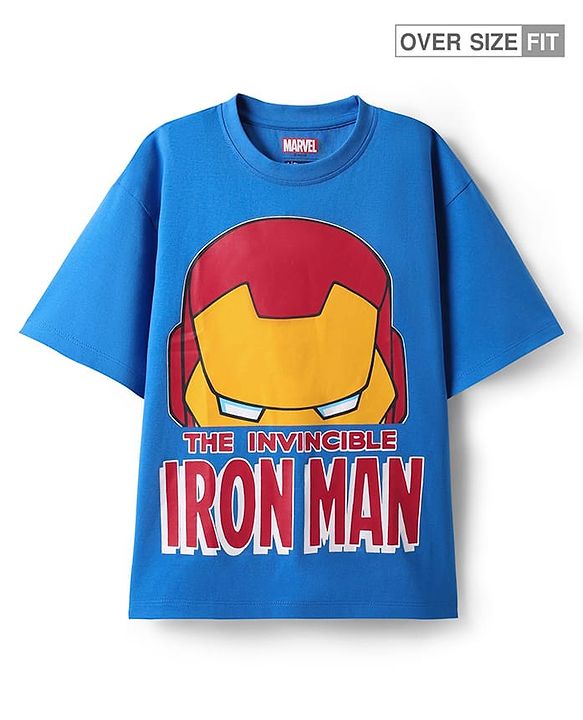 Pine Kids Marvel Single Jersey Knit Half Drop Shoulder Sleeves Oversized T-Shirt with Iron Man Graphics - Blue