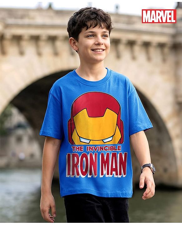 Pine Kids Marvel Single Jersey Knit Half Drop Shoulder Sleeves Oversized T-Shirt with Iron Man Graphics - Blue