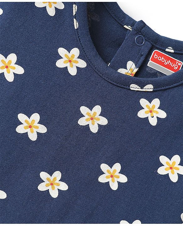 Babyhug Cotton Knit Half Sleeves Co-ord Capri Night Suit with Star Print - Navy Blue
