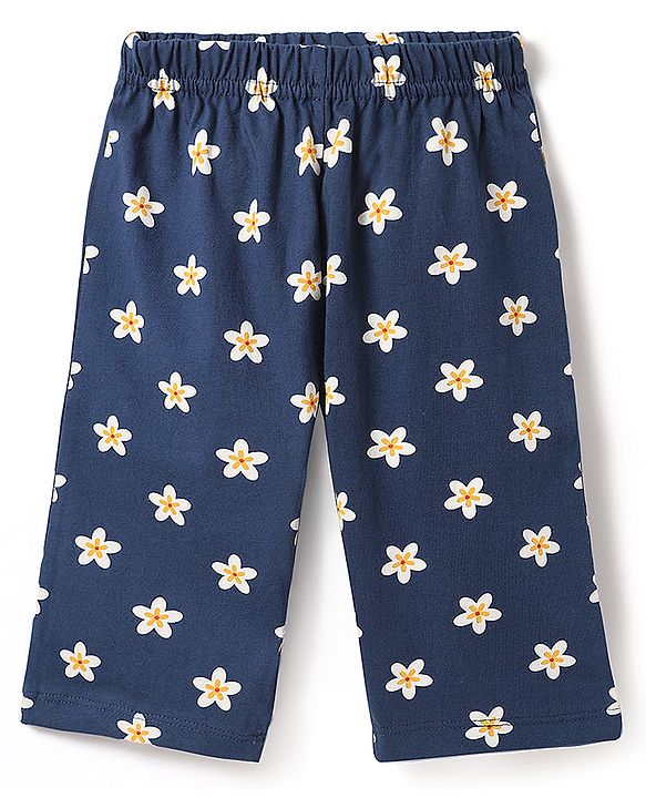 Babyhug Cotton Knit Half Sleeves Co-ord Capri Night Suit with Star Print - Navy Blue