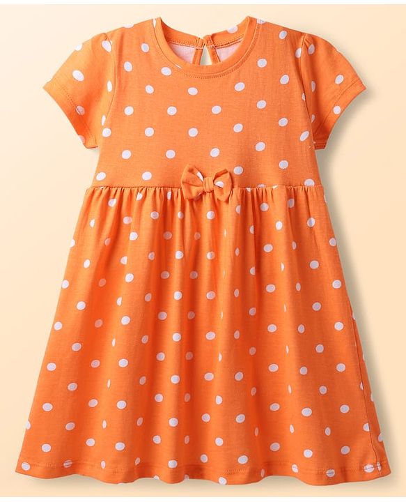 Babyhug Single Jersey Knit Half Sleeves Frocks with Polka Dot & Floral Print & Bow Applique Pack of 2 - Orange & Light Green