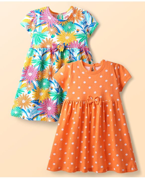 Babyhug Single Jersey Knit Half Sleeves Frocks with Polka Dot & Floral Print & Bow Applique Pack of 2 - Orange & Light Green