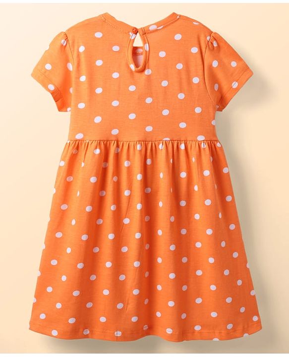 Babyhug Single Jersey Knit Half Sleeves Frocks with Polka Dot & Floral Print & Bow Applique Pack of 2 - Orange & Light Green