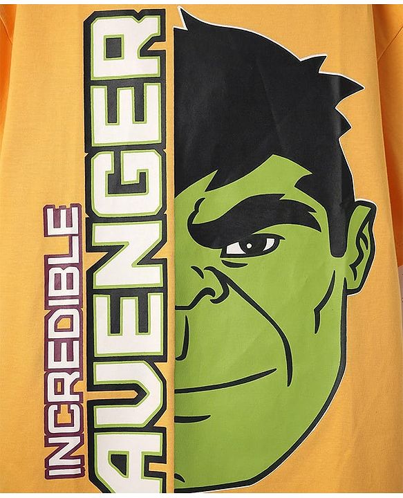 Pine Kids Marvel Single Jersey Knit Half Drop Shoulder Sleeves Oversized T-Shirt with Avengers Graphics & Badge Detailing - Yellow
