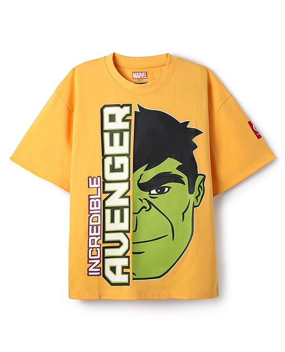 Pine Kids Marvel Single Jersey Knit Half Drop Shoulder Sleeves Oversized T-Shirt with Avengers Graphics & Badge Detailing - Yellow