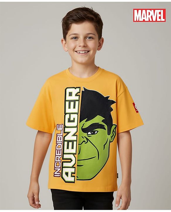 Pine Kids Marvel Single Jersey Knit Half Drop Shoulder Sleeves Oversized T-Shirt with Avengers Graphics & Badge Detailing - Yellow