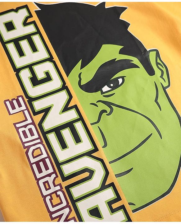 Pine Kids Marvel Single Jersey Knit Half Drop Shoulder Sleeves Oversized T-Shirt with Avengers Graphics & Badge Detailing - Yellow