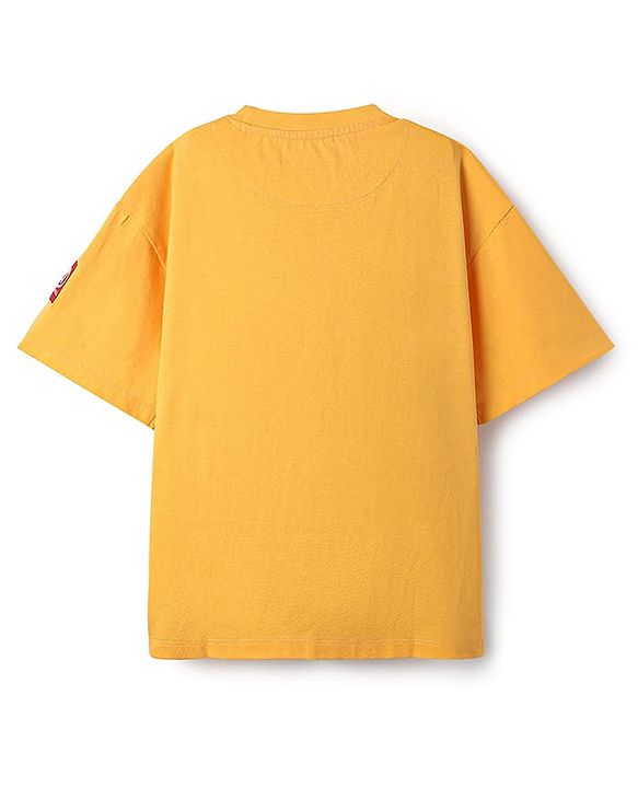 Pine Kids Marvel Single Jersey Knit Half Drop Shoulder Sleeves Oversized T-Shirt with Avengers Graphics & Badge Detailing - Yellow