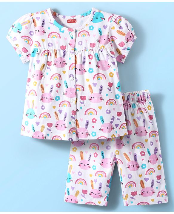 Babyhug Cotton Knit Half Sleeves Capri Co-Ord Night Suit with Animal & Rainbow - White