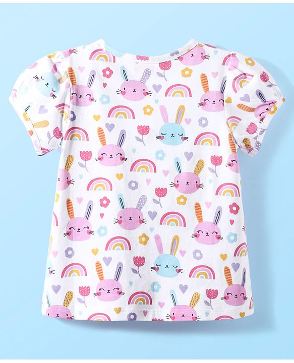 Babyhug Cotton Knit Half Sleeves Capri Co-Ord Night Suit with Animal & Rainbow - White
