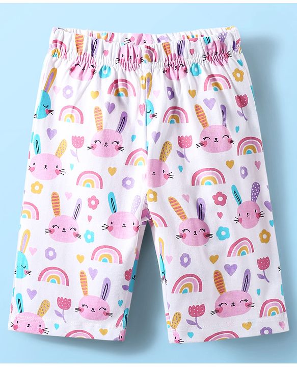 Babyhug Cotton Knit Half Sleeves Capri Co-Ord Night Suit with Animal & Rainbow - White
