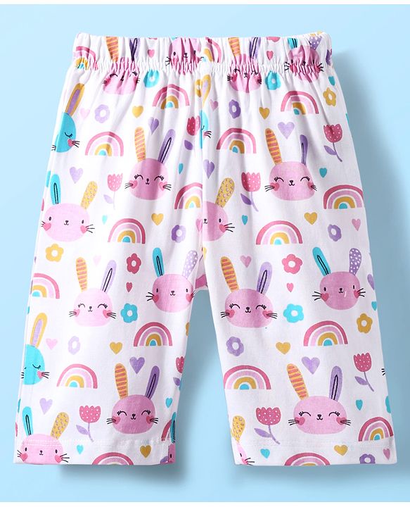 Babyhug Cotton Knit Half Sleeves Capri Co-Ord Night Suit with Animal & Rainbow - White
