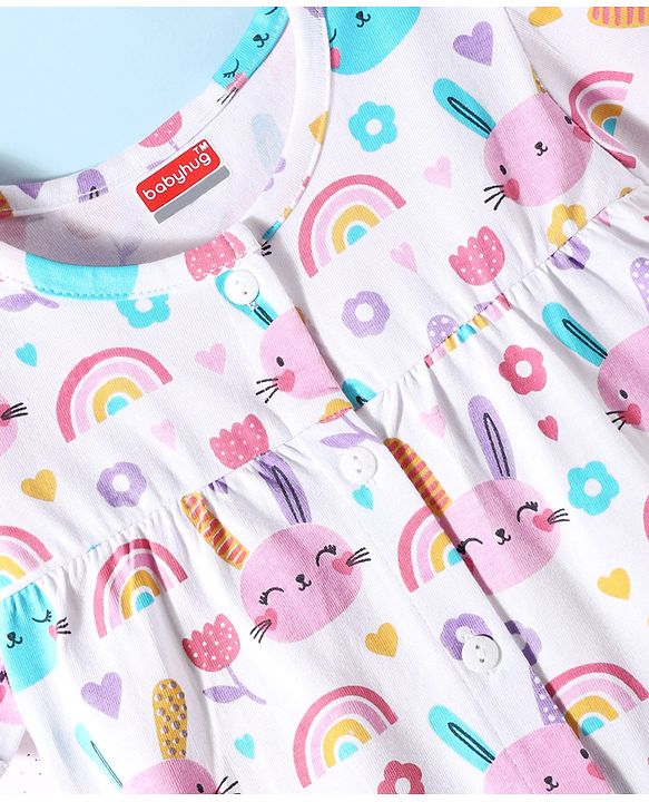 Babyhug Cotton Knit Half Sleeves Capri Co-Ord Night Suit with Animal & Rainbow - White