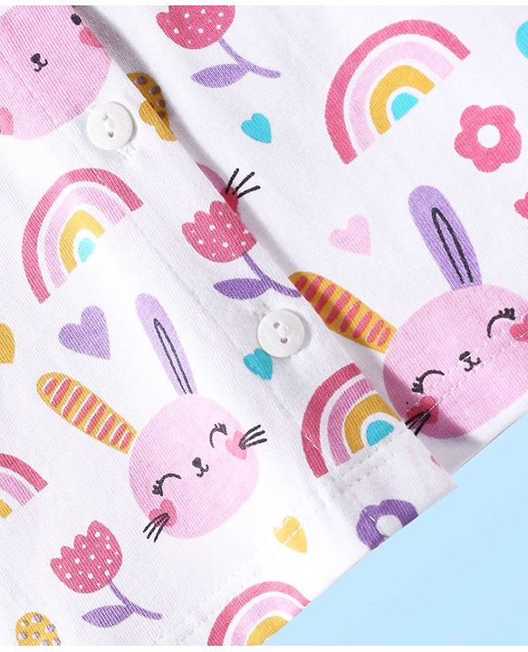Babyhug Cotton Knit Half Sleeves Capri Co-Ord Night Suit with Animal & Rainbow - White