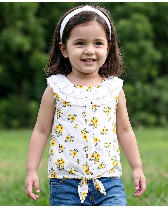Babyhug Swiss Dobby Woven Frill Sleeves Floral Printed Knotted Top with Chifilli Detailing - White