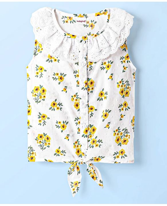 Babyhug Swiss Dobby Woven Frill Sleeves Floral Printed Knotted Top with Chifilli Detailing - White