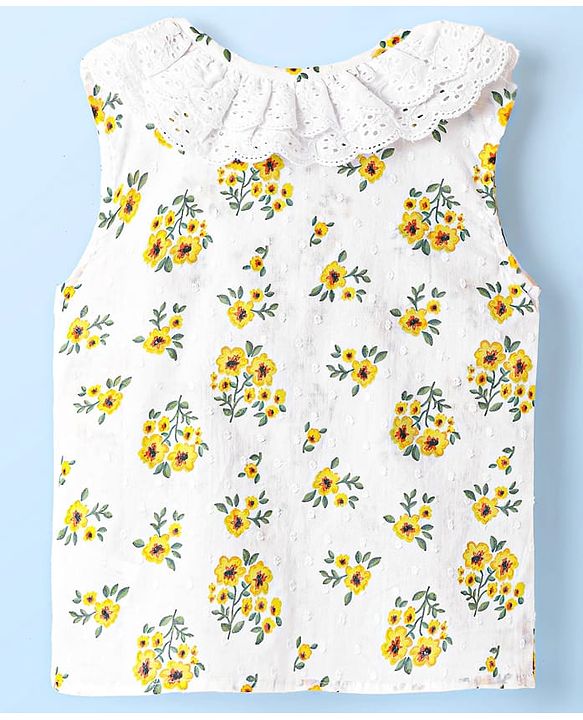 Babyhug Swiss Dobby Woven Frill Sleeves Floral Printed Knotted Top with Chifilli Detailing - White