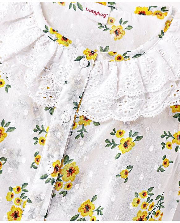 Babyhug Swiss Dobby Woven Frill Sleeves Floral Printed Knotted Top with Chifilli Detailing - White