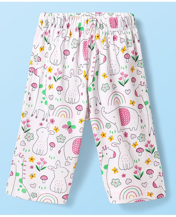 Babyhug Cotton Knit Half Sleeves Front Open Co-ords Peter Pan Collared Capri Night Suit with Jungle Theme Printed - White