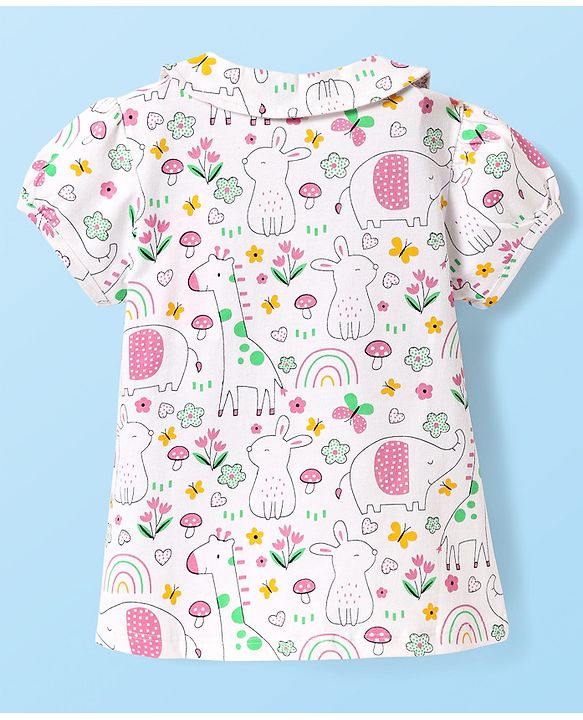 Babyhug Cotton Knit Half Sleeves Front Open Co-ords Peter Pan Collared Capri Night Suit with Jungle Theme Printed - White