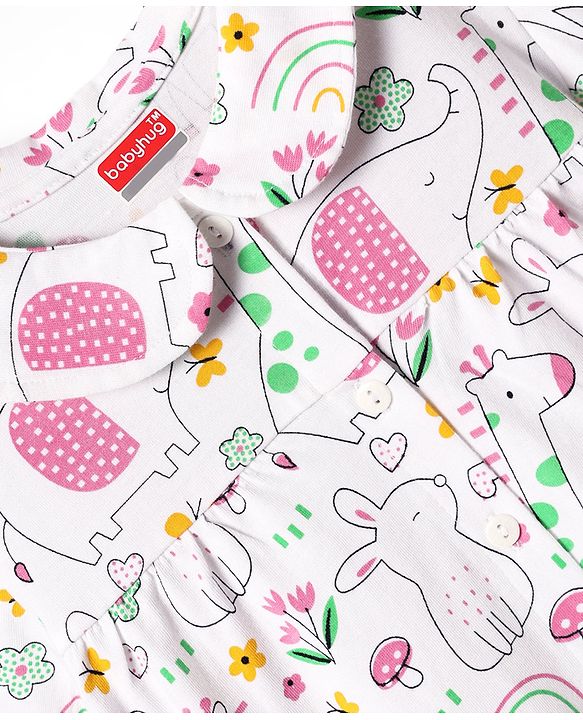 Babyhug Cotton Knit Half Sleeves Front Open Co-ords Peter Pan Collared Capri Night Suit with Jungle Theme Printed - White