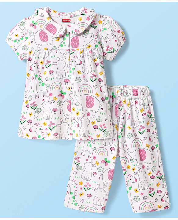 Babyhug Cotton Knit Half Sleeves Front Open Co-ords Peter Pan Collared Capri Night Suit with Jungle Theme Printed - White