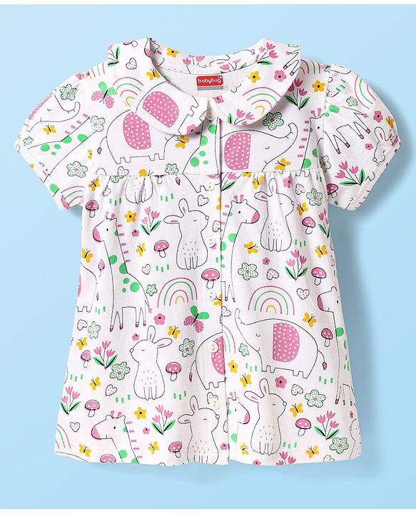 Babyhug Cotton Knit Half Sleeves Front Open Co-ords Peter Pan Collared Capri Night Suit with Jungle Theme Printed - White