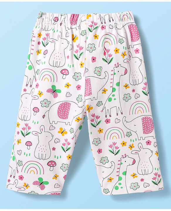 Babyhug Cotton Knit Half Sleeves Front Open Co-ords Peter Pan Collared Capri Night Suit with Jungle Theme Printed - White