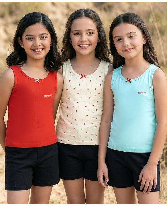 Pine Kids Cotton Lycra Knit Sleeveless Heart Printed & Solid Coloured Vests Pack Of 3 - Light Blue Red & White