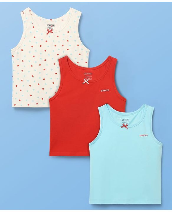 Pine Kids Cotton Lycra Knit Sleeveless Heart Printed & Solid Coloured Vests Pack Of 3 - Light Blue Red & White