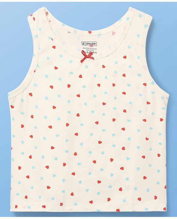 Pine Kids Cotton Lycra Knit Sleeveless Heart Printed & Solid Coloured Vests Pack Of 3 - Light Blue Red & White