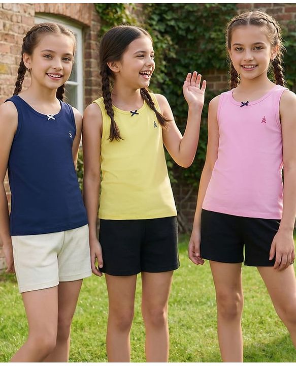 Pine Kids Cotton Lycra Knit Sleeveless Solid Colour Vests Pack Of 3 (Colour May Vary)