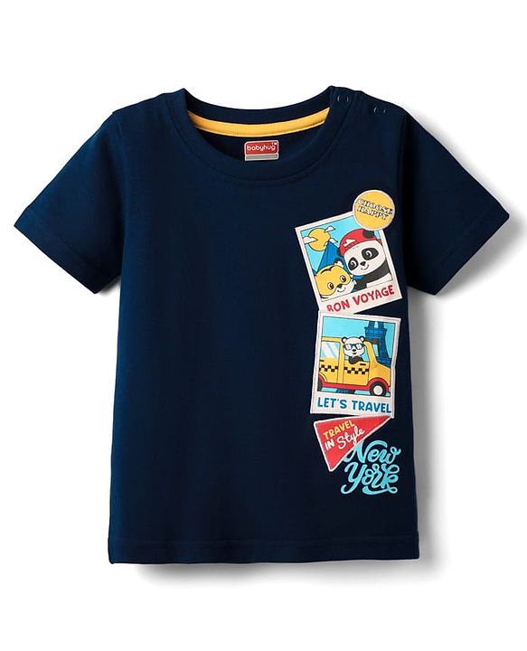 Babyhug Cotton Knit Half Sleeves T-Shirt with Panda Print & Patch Detailing - Navy Blue