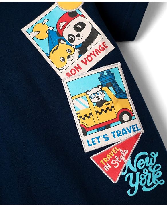 Babyhug Cotton Knit Half Sleeves T-Shirt with Panda Print & Patch Detailing - Navy Blue