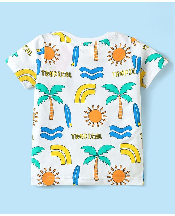 Babyhug Cotton Knit Half Sleeves T-Shirts with Beach Theme Print & Stripes Pack of 3 - Yellow White & Navy Blue