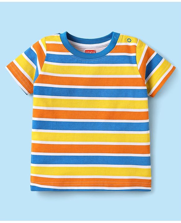Babyhug Cotton Knit Half Sleeves T-Shirts with Beach Theme Print & Stripes Pack of 3 - Yellow White & Navy Blue