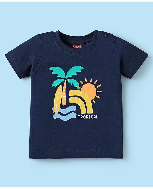 Babyhug Cotton Knit Half Sleeves T-Shirts with Beach Theme Print & Stripes Pack of 3 - Yellow White & Navy Blue