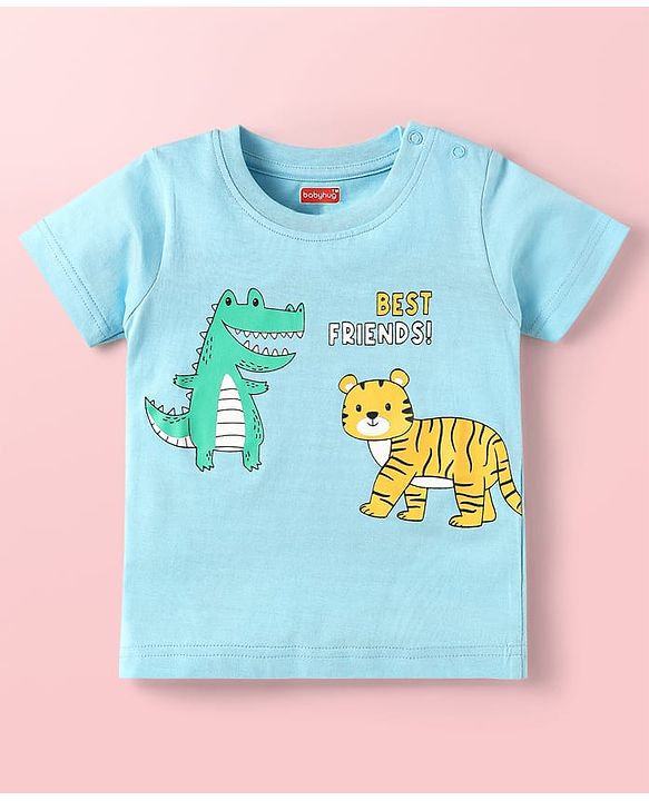 Babyhug Cotton Knit Half Sleeves T-Shirts with Animal Print & Stripes Pack of 3 - Light Blue & White