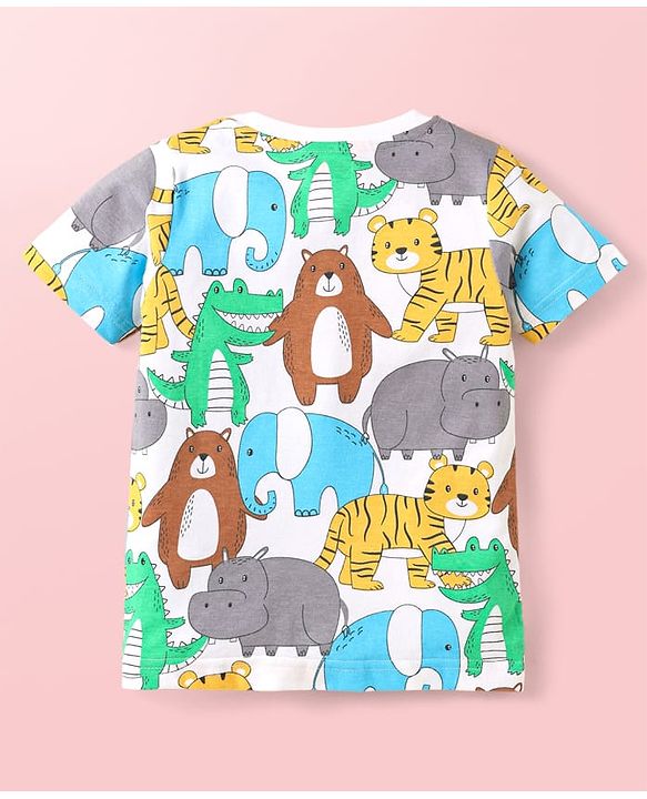 Babyhug Cotton Knit Half Sleeves T-Shirts with Animal Print & Stripes Pack of 3 - Light Blue & White