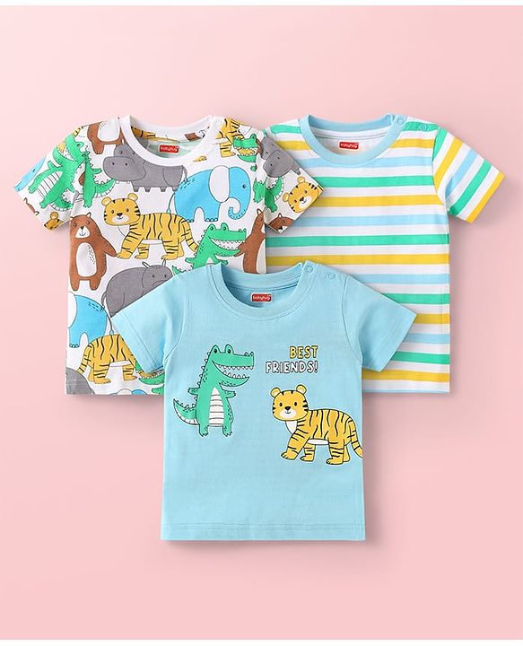 Babyhug Cotton Knit Half Sleeves T-Shirts with Animal Print & Stripes Pack of 3 - Light Blue & White