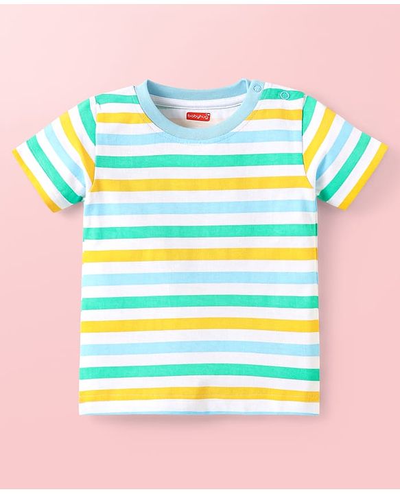 Babyhug Cotton Knit Half Sleeves T-Shirts with Animal Print & Stripes Pack of 3 - Light Blue & White