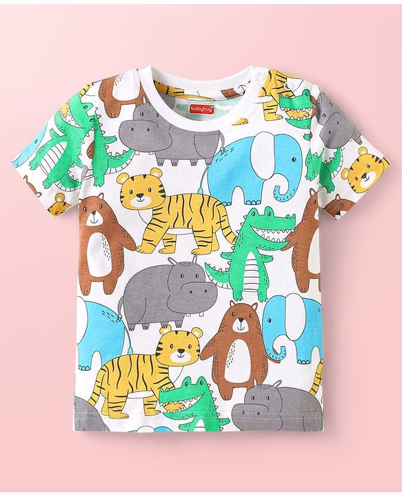 Babyhug Cotton Knit Half Sleeves T-Shirts with Animal Print & Stripes Pack of 3 - Light Blue & White