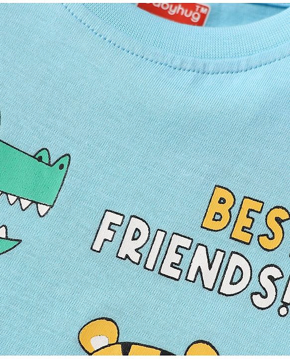 Babyhug Cotton Knit Half Sleeves T-Shirts with Animal Print & Stripes Pack of 3 - Light Blue & White