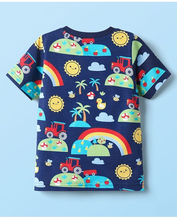 Babyhug Cotton Knit Half Sleeves T-Shirts With Stripes & Vehicle Print Pack Of 3 - Navy Blue & White