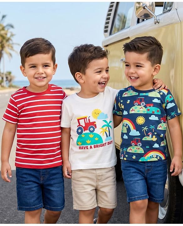 Babyhug Cotton Knit Half Sleeves T-Shirts With Stripes & Vehicle Print Pack Of 3 - Navy Blue & White