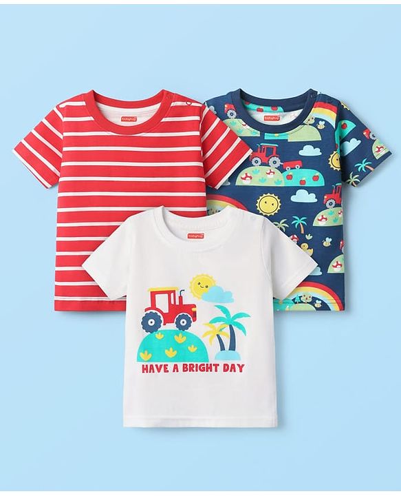 Babyhug Cotton Knit Half Sleeves T-Shirts With Stripes & Vehicle Print Pack Of 3 - Navy Blue & White
