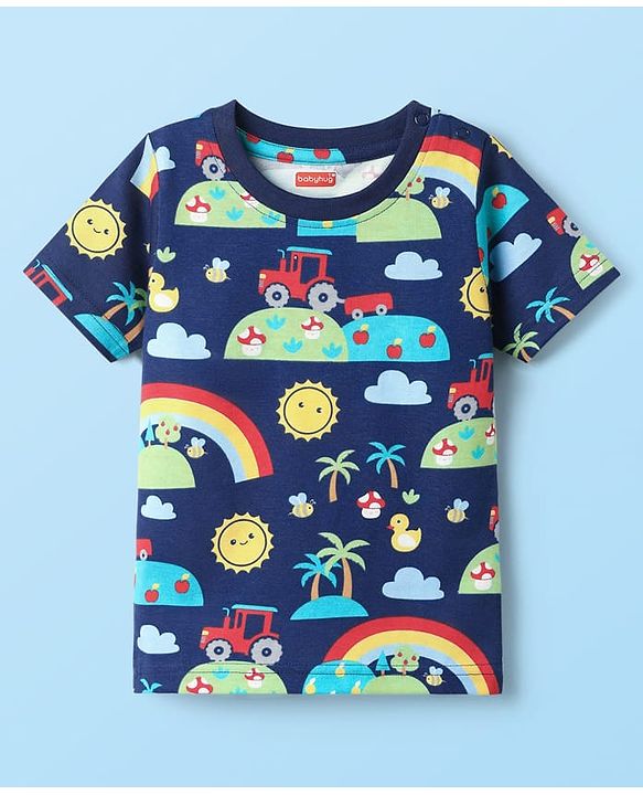 Babyhug Cotton Knit Half Sleeves T-Shirts With Stripes & Vehicle Print Pack Of 3 - Navy Blue & White