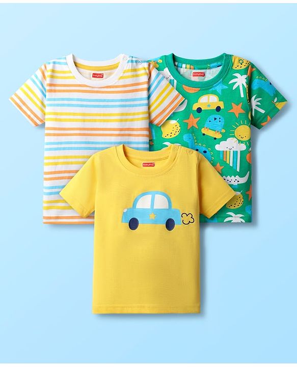 Babyhug Cotton Knit Half Sleeves T-Shirts with Car Print & Stripes Pack of 3 - Yellow Mint & White